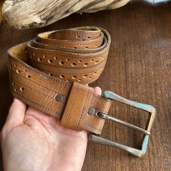 Vintage men’s size 42 cowhide leather brown brass buckle belt - Picture 1 of 8